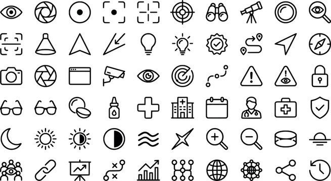 Set of optical, vision and surveillance line icons for eye care and security monitoring transparent background