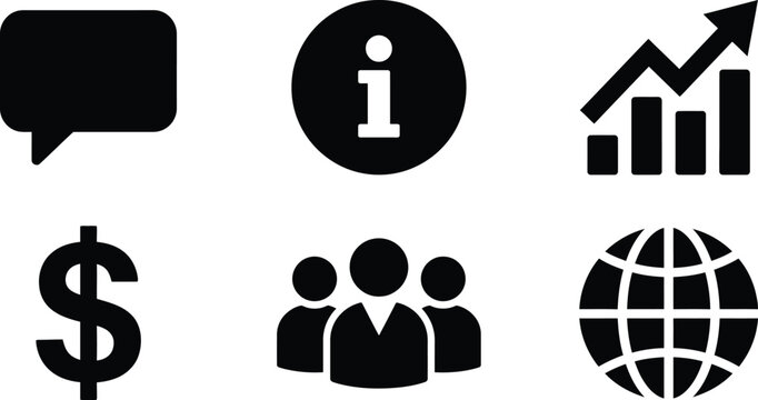Set of black business and communication icons including speech bubble info graph dollar sign team and global network