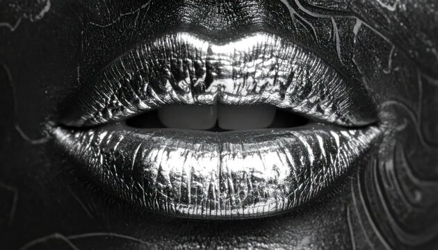 Close up of metallic silver lips with textured pattern.