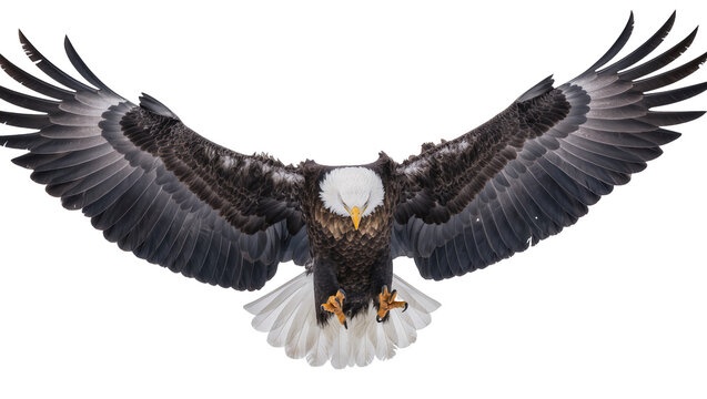 Isolated majestic bald eagle in powerful flight with wings spread and talons ready