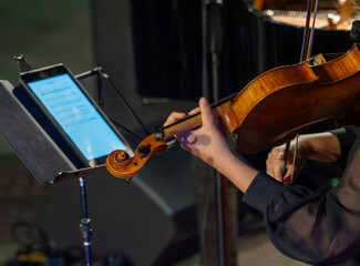 Musician holds viola while playing at a concert. © marcelinopozo