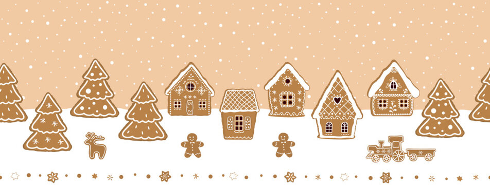 Gingerbread Village. Christmas Seamless Border. Fairytale Winter Landscape. Gingerbread Houses, Fir trees, Deer, other Cookies on Caramel Background. Greeting card template. Vector illustration