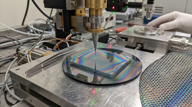 A macro laboratory close-up shows layered hexagonal boron nitride sheets under a probe tip, with iridescent fringes, atomic-scale lattice patterns, and thin-film samples on a polished substrate; laser