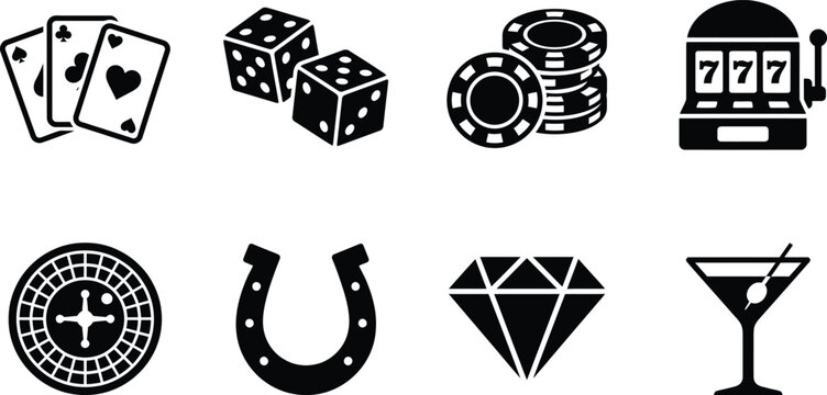 Set of black casino and gambling icons with playing cards dice chips slot machine roulette horseshoe diamond and drink