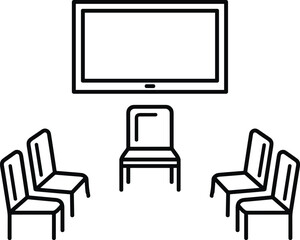Fototapeta premium Thin line icon illustration of a professional meeting room setting featuring a presentation screen and arranged chairs.