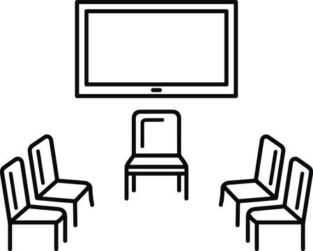 Thin line icon illustration of a professional meeting room setting featuring a presentation screen and arranged chairs.