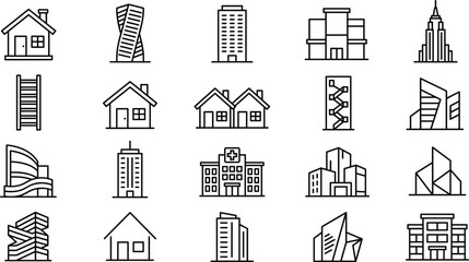 Set of modern building and real estate line icons featuring residential homes, commercial office towers, and architecture styles © MDMAHABUB