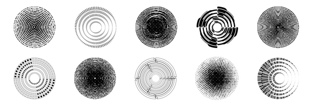 Set of echo pattern with shockwave and radiate wave. Circular radial round concentric rings. Sonic pulse texture with energy explosion and vibration.