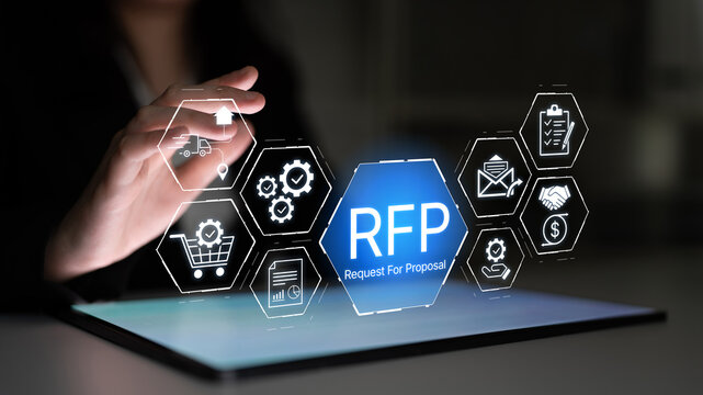 Business professional interacting with digital interface showcasing icons related to Request for Proposal, technology, and modern commerce concepts. Bitwise.