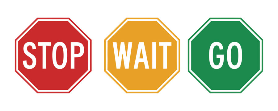 Traffic signal icon set featuring stop, wait and go lights, red, yellow and green road safety symbols for transportation, education and navigation design.