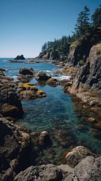 Coastal tidal pool under clear blue skies