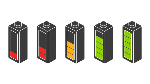 Isometric battery charge level set with red and green indicators