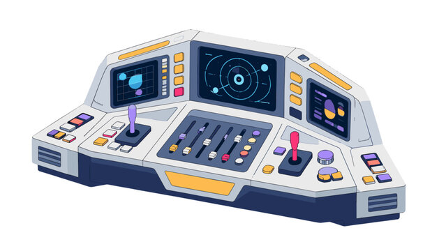 Isometric futuristic control panel with screens and joysticks