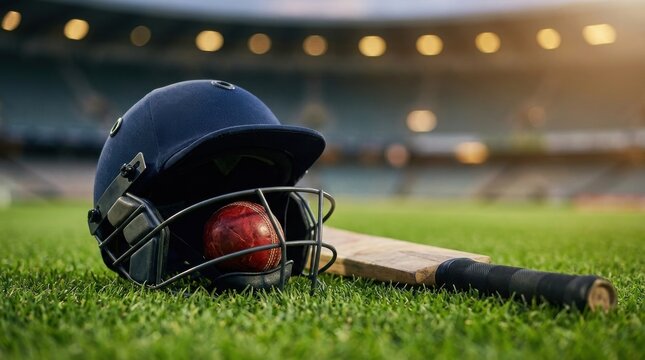 Cricket helmet ball and bat on grass field