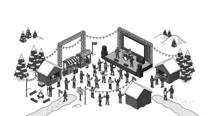Obraz premium Winter Festival Scene: Outdoor Concert Stage, Food Stalls, and Snowy Landscape