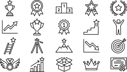 Naklejka premium Set of achievement, success, and business growth line icons featuring awards, trophies, charts, and victory symbols
