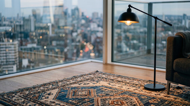 Cityscape View from Modern Apartment: A sophisticated living room with a persian rug and a floor lamp overlooks a sprawling cityscape at dusk.