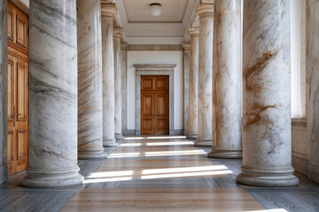 Fototapeta premium Grand marble columns line a sunlit hallway. Wooden doors frame the distant end of the corridor. Shadows dance across polished stone floors. Natural light streams through tall windows above
