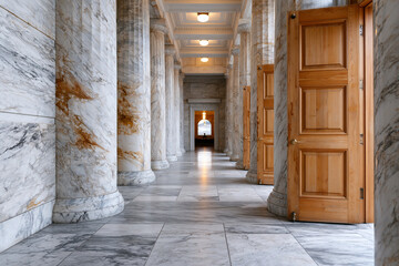 Fototapeta premium Grand marble columns line a sunlit hallway. Warm wooden doors stand ajar at the corridor's end. Polished stone floor reflects overhead lights. Elegant architecture invites calm, dignified exploration