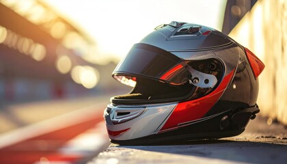 Fototapeta premium Close-up of racing helmet on track wall at sunset.