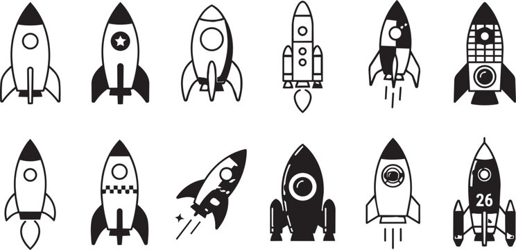 Collection of diverse rocket ship icons in a flat graphic design style