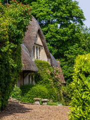 Fototapeta premium Historic thatched cottage nestled amongst lush greenery in the picturesque village of Castle Combe, Wiltshire, England.