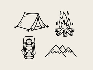 Hand-drawn camping icons including tent campfire lantern and mountains simple doodle set for outdoor adventure and travel themes isolated on beige background © Saqib1022