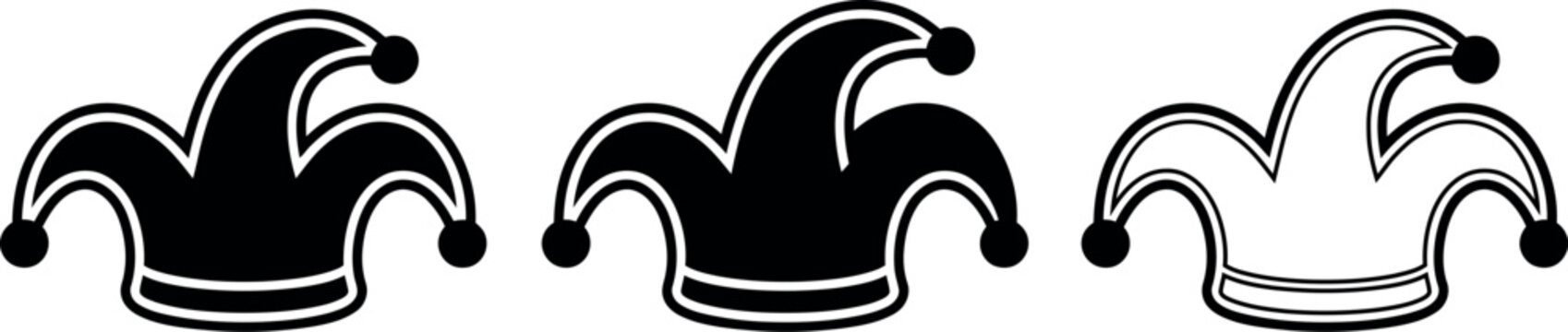 A set of three stylized jester hats presented in varying black and white graphic designs suitable for iconography and minimalist creative design projects