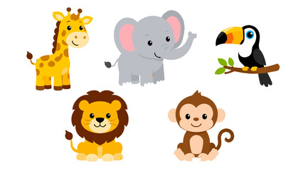 Naklejka premium Cute cartoon jungle animals collection on white background