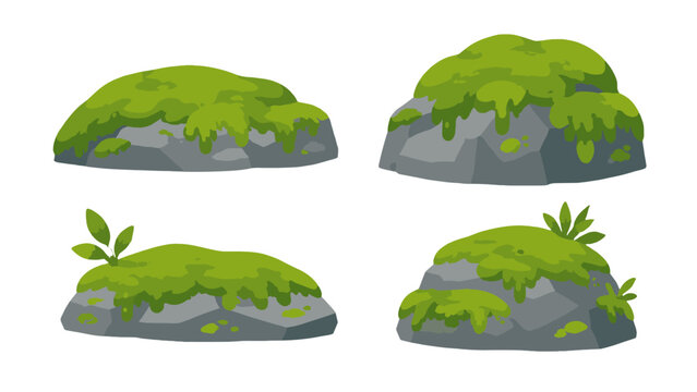 Green moss covered rocks isolated flat vector illustration