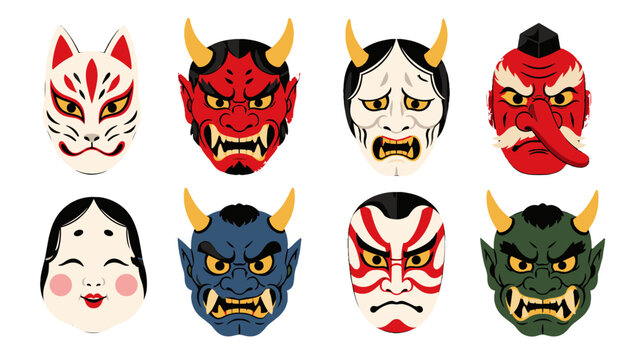 Set of Japanese theatrical masks in flat vector style