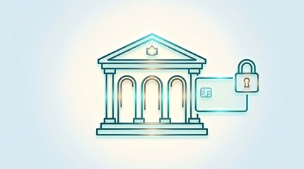 Fototapeta premium Cybersecurity bank building icon with credit card and padlock, digital banking security illustration, secure financial transaction concept