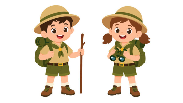 Cartoon boy and girl scouts with backpacks and outdoor gear