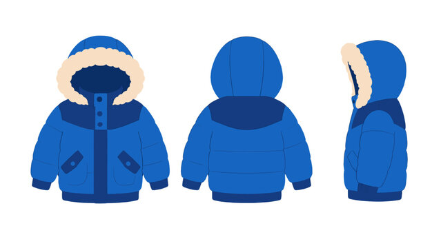 Blue hooded kids winter jacket vector icon set