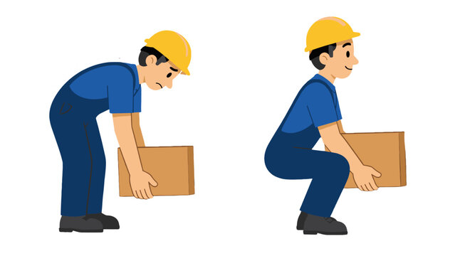 Worker lifting box with correct and incorrect posture illustration