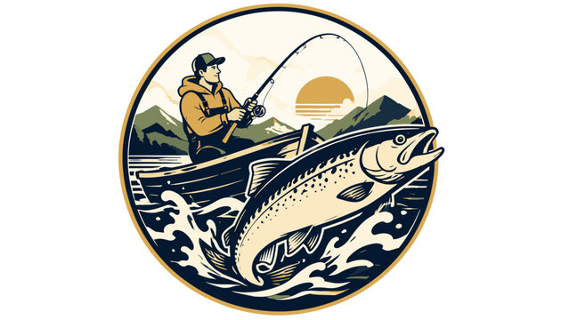 Vintage fishing badge with angler in boat and jumping fish