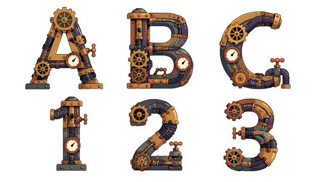 Steampunk alphabet letters and numbers with gears and pipes