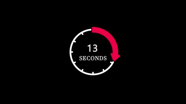 13 seconds countdown timer animation with white clock dial and red progress arrow on black background.