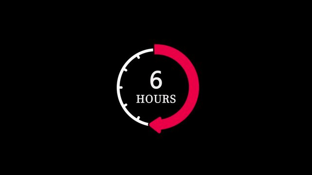 Animated 9 hours clock timer icon with a red rotating arrow representing full day work shift duration, time tracking countdown, overtime management, and productivity schedule symbol, black background.