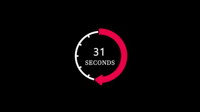 Animated 40 seconds clock timer icon with a red rotating arrow representing quick countdown stopwatch, short interval tracking, deadline speed measurement, and productivity symbol on black background.