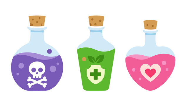 Set of colorful potion bottles with poison, health and heart icons
