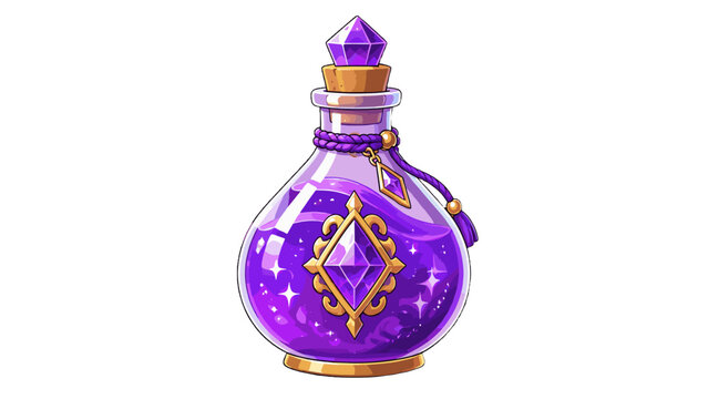 Fantasy potion bottle with purple liquid and crystal stopper