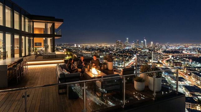 Luxury Rooftop Retreat: A modern penthouse terrace overlooking a sprawling cityscape at night, featuring comfortable seating and a fire pit for an intimate gathering under the stars.