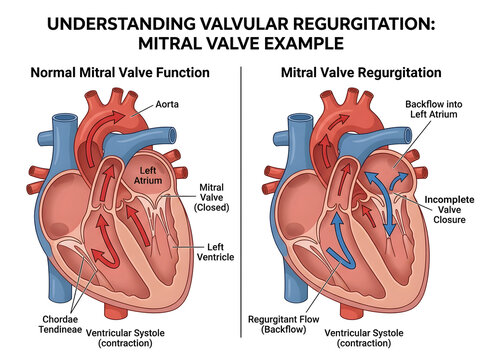 Mitral valve regurgitation vs normal heart function diagram isolated on white background