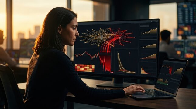 Dark financial dashboard with interconnected nodes, a candlestick chart plunging into the red tail, conditional expected shortfall curves, and a backtesting panel beside a laptop; glowing network