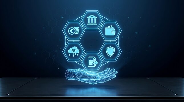 Fintech digital banking ecosystem concept, glowing blue wireframe hand holding financial icons, futuristic online payment and security technology