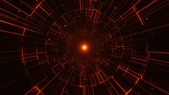 Movement through a digital tunnel of glowing orange lines rushes toward a bright core, creating a sense of high speed. The animation conveys concepts of cybersecurity, big data, and modern technology.