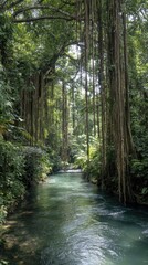 Naklejka premium Lush green river flowing through tropical forest