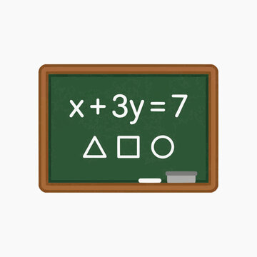 Mathematical equation x plus 3y equals 7 and geometric shapes on a green chalkboard with eraser