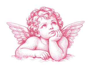 Fototapeta premium PNG Thoughtful cherub with detailed wings.